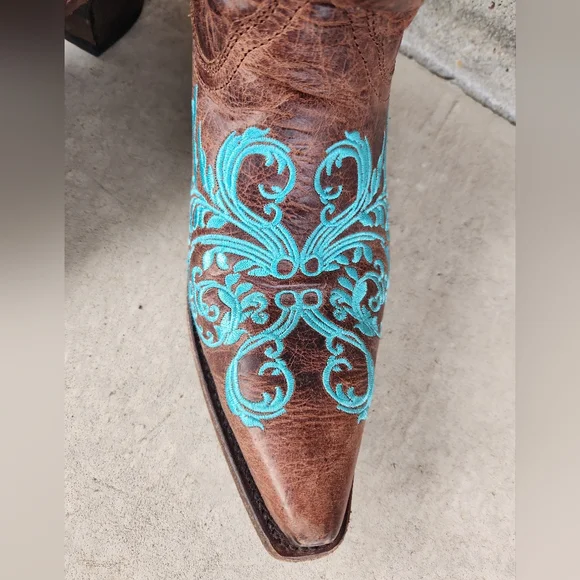 Corral brown with aqua design cowboy boots. Size 10M - Picture 4 of 13